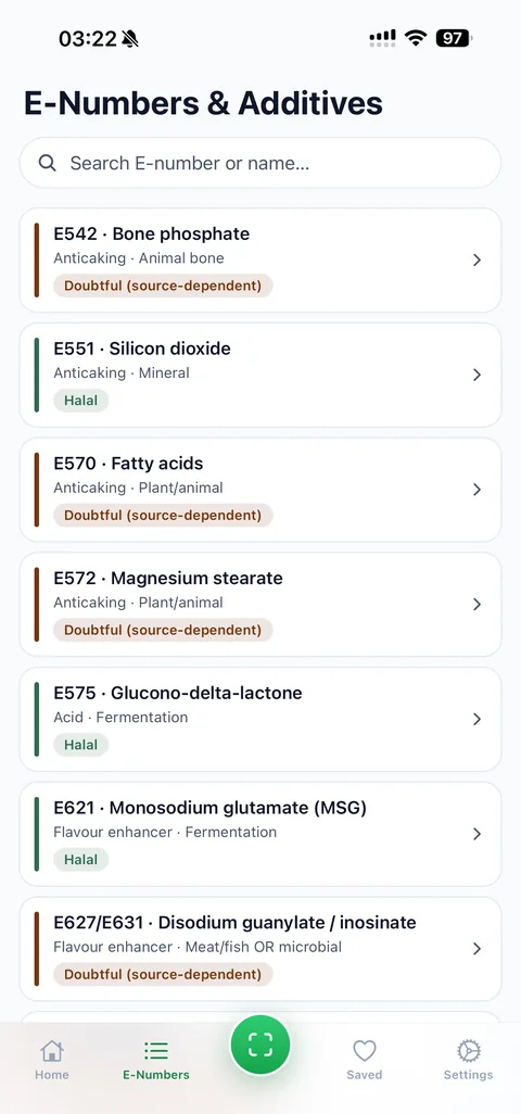 Uygulamadaki E-numarası listesi