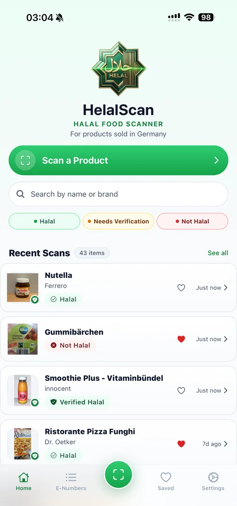 Son taramaların ve cevaplarının göründüğü Helal Scan ana ekranı